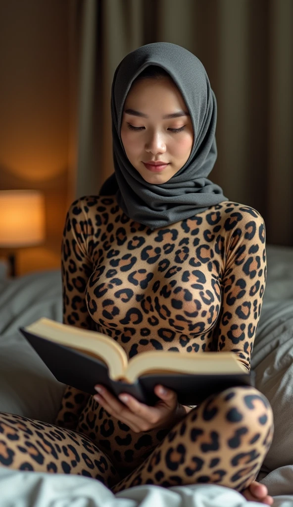 The most beautiful,thin,most pretty and clever Asian muslimah adult girl wears clouded leopard lycra turtleneck unitard catsuit covered with spots.She always wear clouded leopard print lycra dancewear stretchy square hijab covered with many spots.She reads a lot of novel books on the wooden chair.