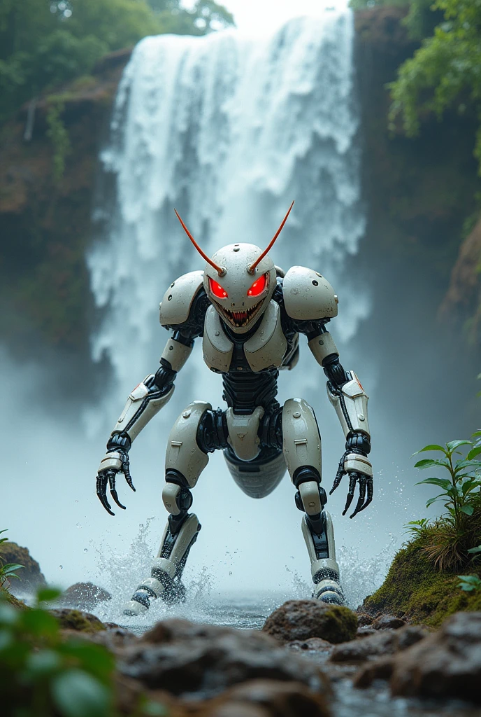 Fire ant in white cyborg custom standing between water fall