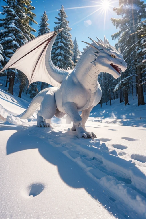 best quality, high quality, ultra quality, 8k, masterpiece, detailed, extremely detailed, insanely detailed, ultra detailed, ultra highres ,exquisite, lifelike Images,cinematic experience,UHD picture,Realistic,photorealistic,hyperrealistic,vivid,RAW photo,shot by DSLR, Snowy land, snow on the ground, White Dragon flying, snow day, white dragon,