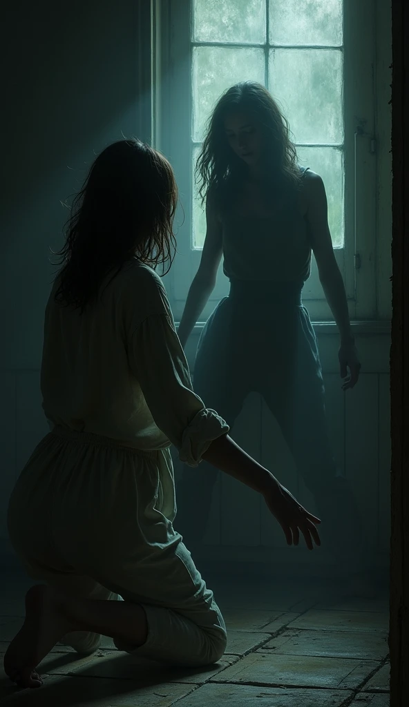 in a dark room, with standard wooden FLOOR, a brunette woman with straight hair, with 1,65m tall, is in the middle of an intense fight on the ground. She wears basic pajamas, now crumpled and dirty, as she desperately defends herself from a mysterious shadow in the shape of a man who tries to dominate her. cel shadow, with hazy contours and a terrifying presence, seems almost intangible, but still palpable enough to pose a deadly threat.
The woman, with an expression of pure despair and determination, gathers his last strength and lands a violent kick in the shadow's stomach, making her retreat momentarily. The impact, despite being against something seemingly ethereal, looks surprised and weakened, as if a woman's willpower could actually affect him. The dry sound of the kick echoes through the room, which is only dimly illuminated by a flickering light, projecting distorted shadows on the walls and intensifying the atmosphere of fear and uncertainty.
As tension reaches its peak, making it clear that it is a battle for survival against something beyond human comprehension.