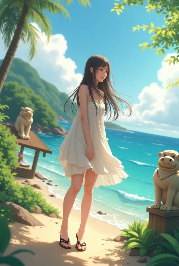beautiful girl long hair Straight Hair low length Okinawa Shisa one piece Sandals sunny