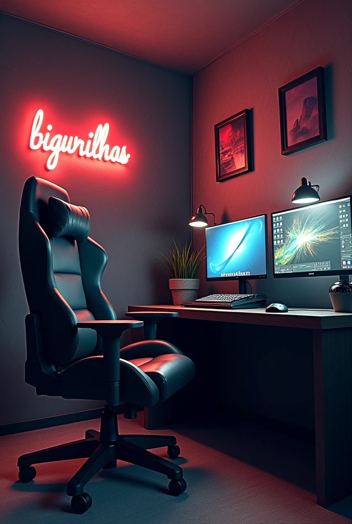 A captivating digital illustration of a personal gaming room with a dark and cozy ambiance. There is a large gaming chair with armrests and a desk with a laptop and gaming accessories. The walls have a dark grey and beige pattern. There is a neon sign in the corner with the text "BIGURILHAS PRODUCTION". The room has a lamp, and there are shadows around the room. The overall atmosphere is moody and immersive.
