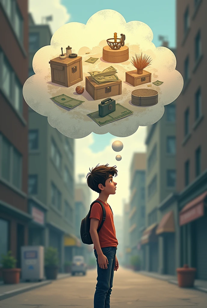Andrew imagining himself using money to solve his problems, with a thought bubble showing how their debts or needs would be alleviated. André Much younger