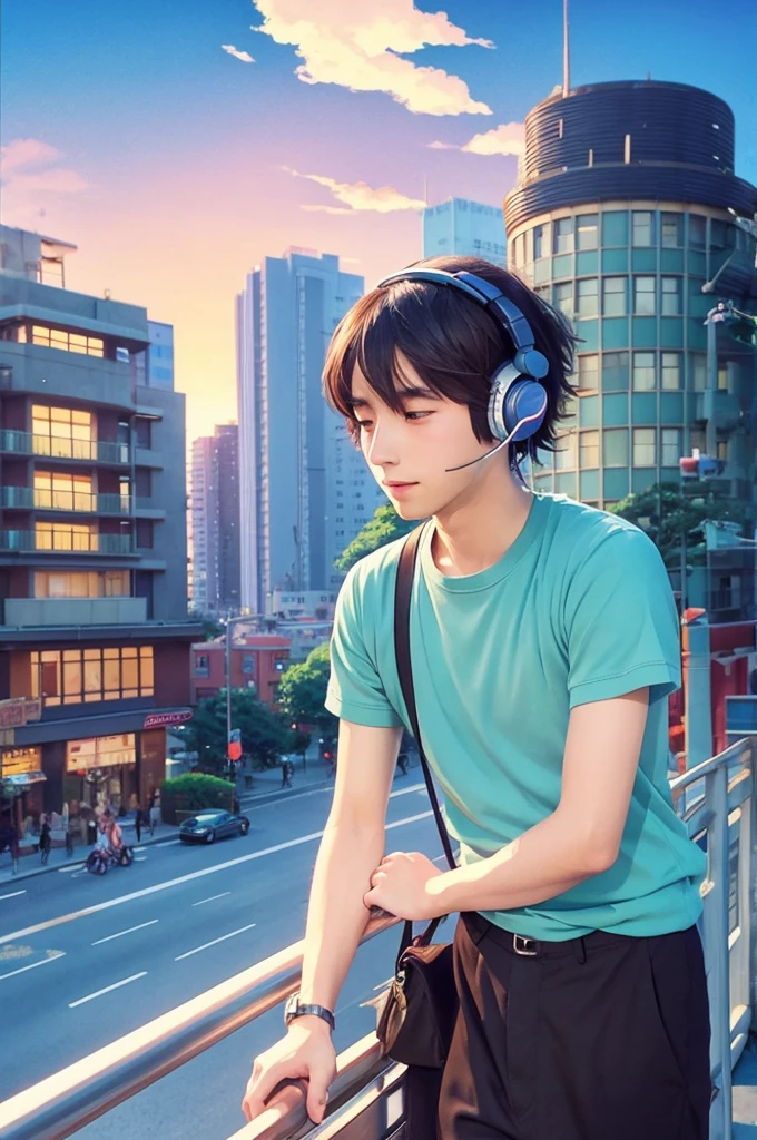 Ghibli-style anime man with headphones Ghibli-style illustrations City Pop