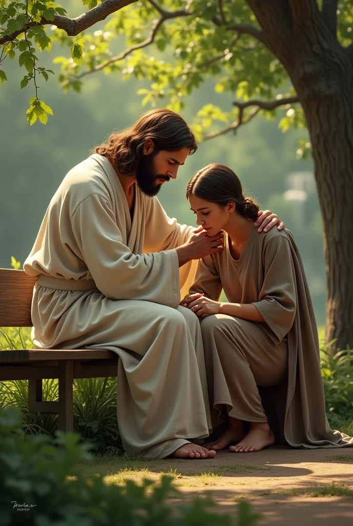 Jesus Sitting Beside Someone on a Bench: Jesus is sitting on a bench in a quiet park next to someone who looks stressed and worried, His arm around their shoulders, offering comfort and understanding.