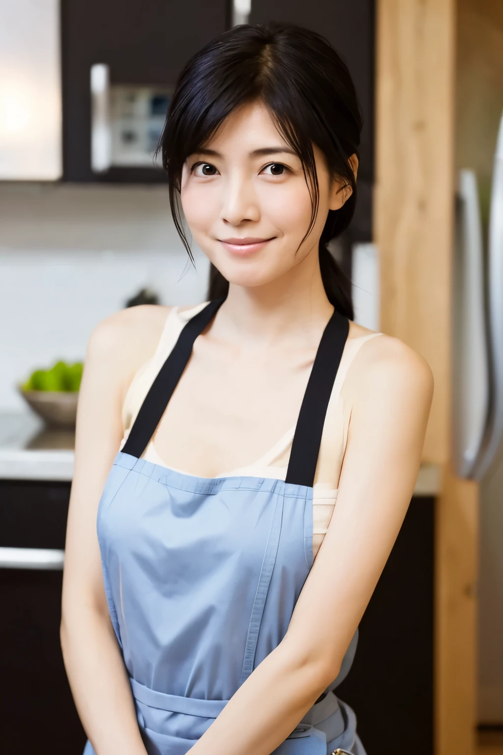 Back view of a skinny Japanese woman, 30-years-old, standing at a kitchen. She has small breasts and thin waist, a cute face and black hair, detailed face, detailed eyes. She is wearing only a full apron next to the skin.