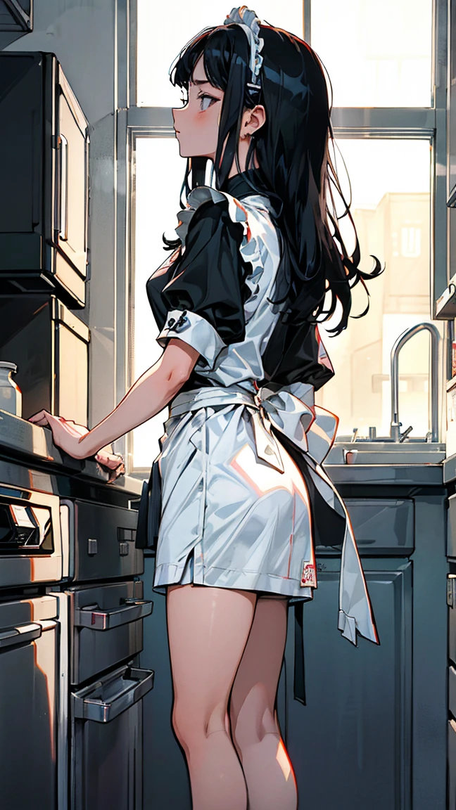 long hair, black hair, black eyes, maid uniform, standing, Straight Face, Fair skin, indoors, kitchen, from side, 1990s (style), --niji 5  --ar 2:3 --s 100