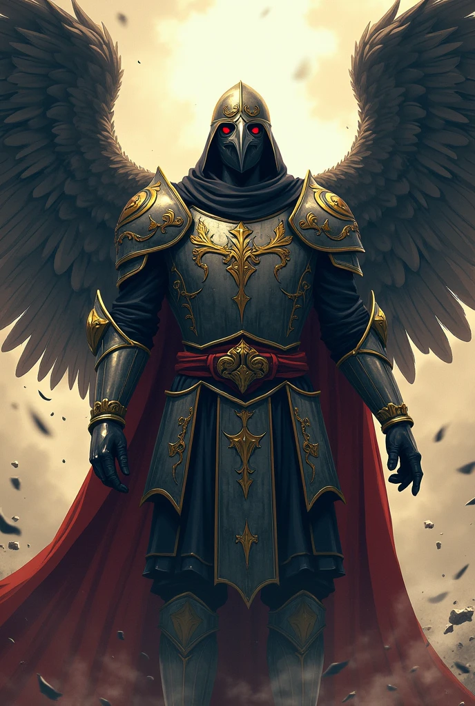 create a man, with angel wings, with the typical raven mask of the plague doctors and Templar armor, in anime style