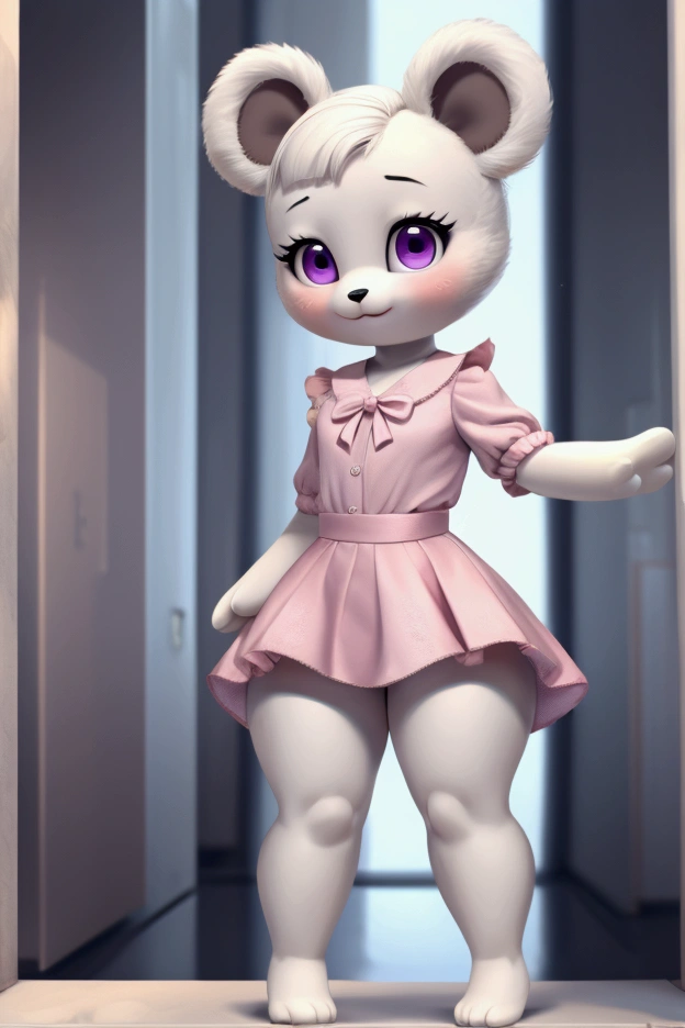 Small, slim, female teddy bear with nice big thighs and gray and white fur and cute purple eyes and is wearing a short pink dress and a full body mini skirt. She is a toy and has life..