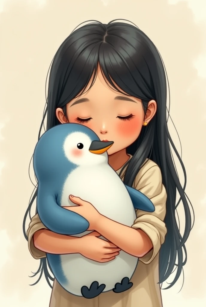 An illustration of a girl with long black Chinese hair, brown skinned carrying a very chubby baby penguin in light blue