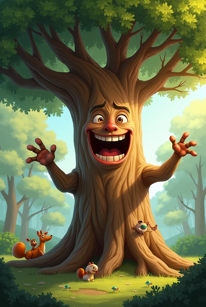A tree smiling and shaking in a forest