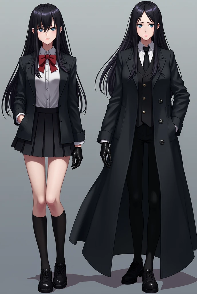 Make the two versions of Aiko has long black hair, with intense blue eyes that reflect his intellect and determination. Their usual attire includes the school uniform., but in his free time he wears darker and more elegant clothes, with details that make it stand out, like a long black coat and leather gloves, very gothic style. his stature is average, and has a slim and athletic figure, ideal for moving stealthily.