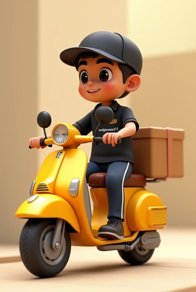 driver making delivery with golden motorcycle , on the black uniform written Fut_Storesz11, 3D Disney pixel style image, minimalistic. sem beard. young 20 year old dark skinned latino