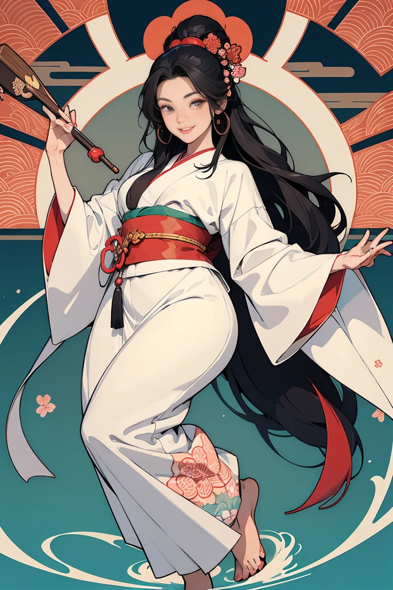 (SeaArt creates stunning illustrations of beautiful women in kimonos)、Vividly colored Ukiyo-e style illustrations、Beautiful woman smiling and showing her upper white teeth、Brown-black long hair、Beautiful full body style、Let me'Let's try dancing the Tokyo Ondo、Beautiful new digital paintings,、Bright and vibrant digital anime art、 Beautiful anime portraits、background、Torii gate of the Japan shrine,front、 Detailed digital anime art