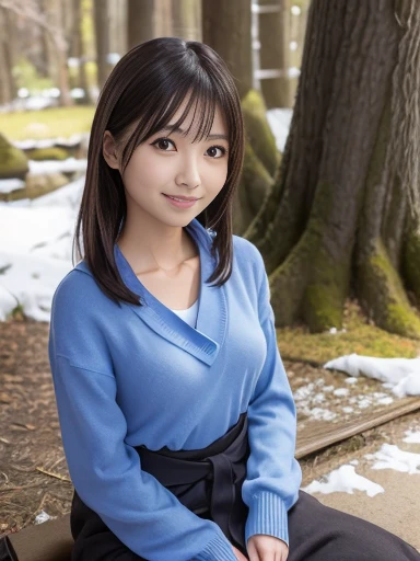 Japanese female, (underweight), (medium bust best quality:1.5), 30 years old, (cheerful grin:1.1),
forest, (sitting on the ground), semi long, (bulue long sweater), with Kamakura made of snow, cowboy shot