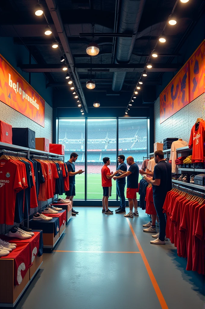 A shop selling sportswear for various football clubs, national team clothing, and sportswear. Next to the shop are three football fields for people to rent and play.