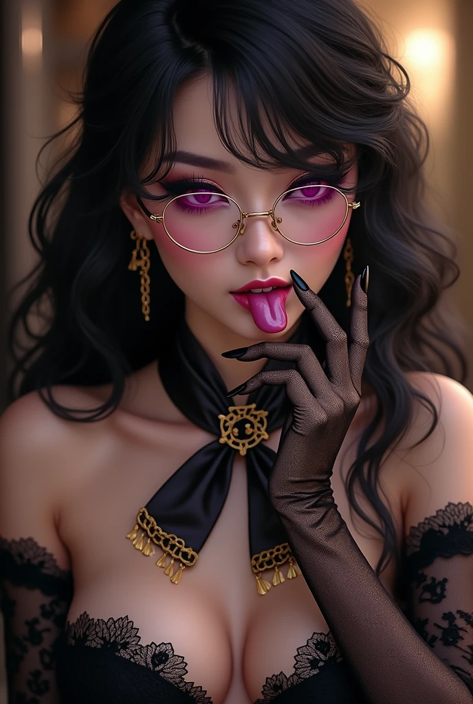 With long, curly black hair、Heavy makeup and purple eyeshadow、Dark eyeliner、Around her neck she wears a ribbon-shaped satin black and gold chain patterned scarf.、Wearing gold-rimmed glasses、Long black lace gloves made of transparent material、A Japanese woman in her 50s wearing a striped white blouse is licking her fingers obscenely with her tongue、