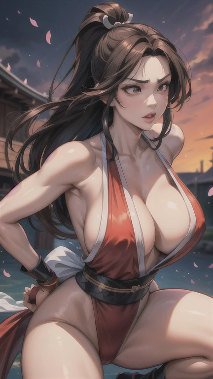 a beautiful young woman with long dark hair, Mai Shiranui, large breasts, detailed facial features, detailed eyes and lips, elegant martial arts pose, red and black outfit, dynamic action scene, cherry blossom petals, highly detailed, 8k, photorealistic, dramatic lighting, vibrant colors, cinematic composition