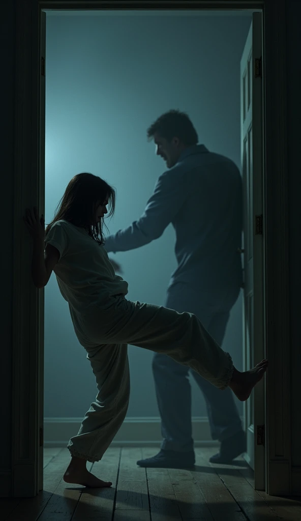 in a dark room, with standard wooden FLOOR, a brunette woman with straight hair, with 1,65m tall, is in the middle of an intense fight on the ground. She wears basic pajamas, now crumpled and dirty, as she desperately defends herself from a mysterious shadow in the shape of a man who tries to dominate her. cel shadow, with hazy contours and a terrifying presence, seems almost intangible, but still palpable enough to pose a deadly threat.
The woman, with an expression of pure despair and determination, gathers his last strength and lands a violent kick in the shadow's stomach, making her retreat momentarily. The impact, despite being against something seemingly ethereal, looks surprised and weakened, as if a woman's willpower could actually affect him. The dry sound of the kick echoes through the room, which is only dimly illuminated by a flickering light, projecting distorted shadows on the walls and intensifying the atmosphere of fear and uncertainty.
As tension reaches its peak, making it clear that it is a battle for survival against something beyond human comprehension.