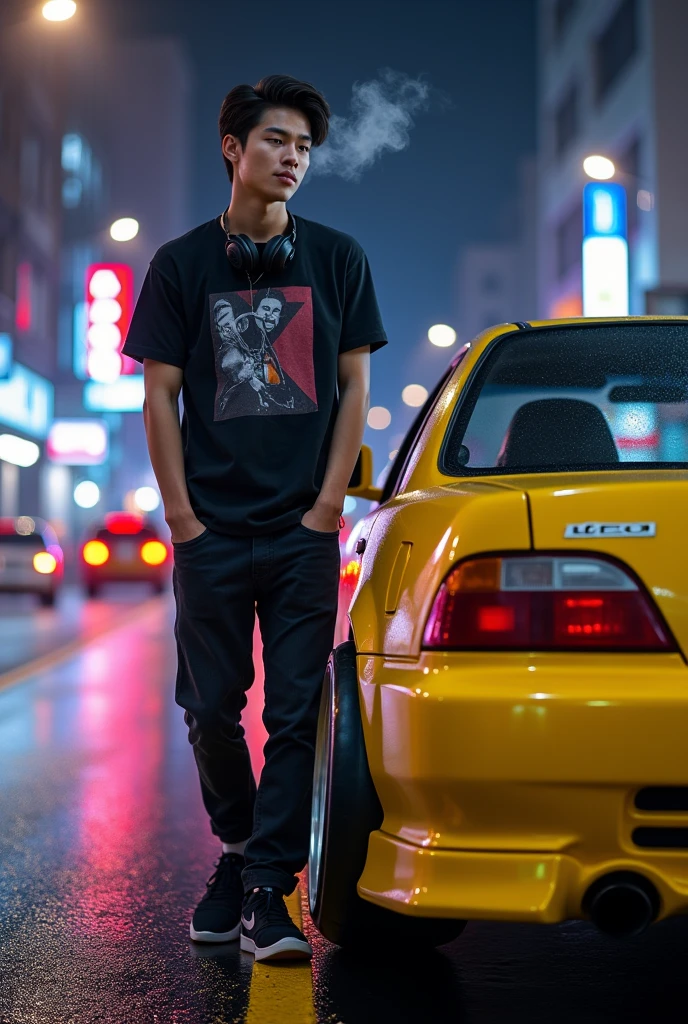 photorealism:1.2), handsome youngman, black printing t-shirts and smoking(smokes comes out) , modified civic ferio  (glossy yellow), smokes streets, the traffic lights and marks, low angle camera shots, headphones on his neck, black nike sneakers, car lights in the streets at nights