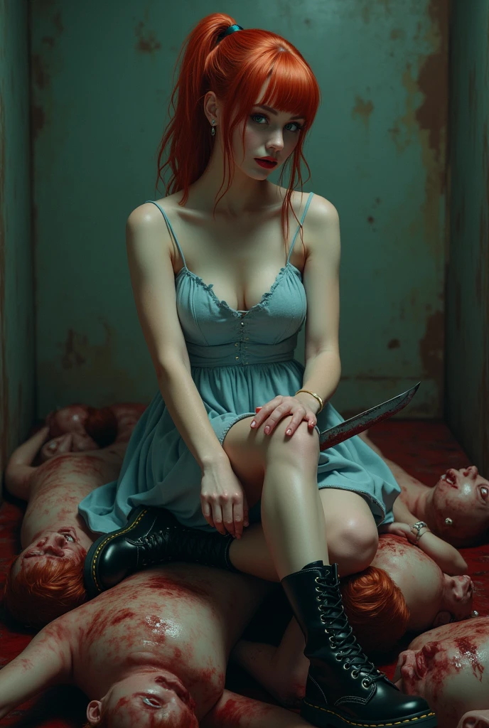 Seductive and Beautiful young woman with a soul of pure evil and hatred. Alluring red ponytailed serial killer wearing a light blue doll dress and black doc marten boots. Surrounded by blood and bodies.  She sits alluringly on a pile of corpes.  A bloody knife in her right hand. A thin smirk crosses her glossy red lips.