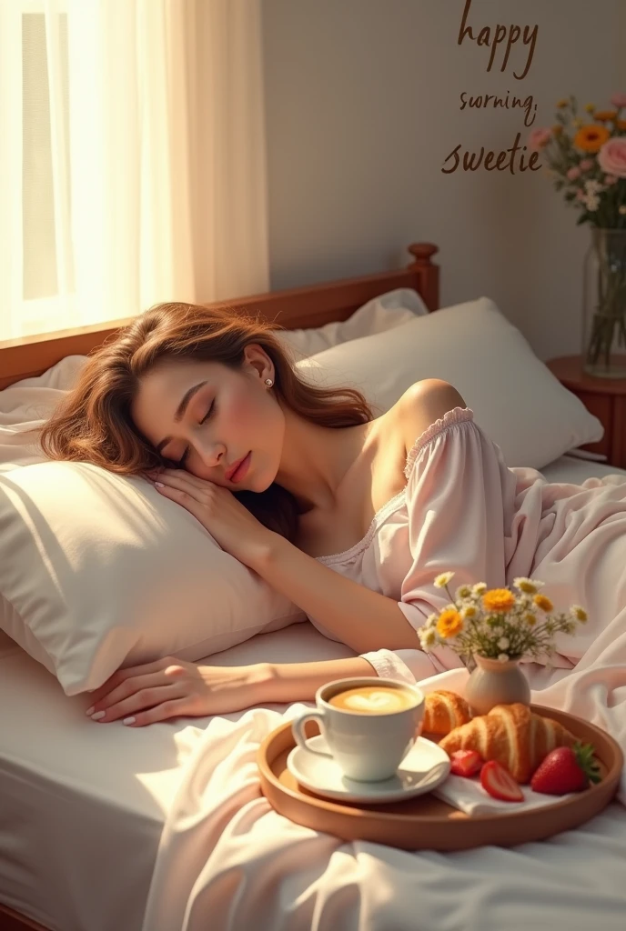 A serene and cozy bedroom scene during a sunny Sunday morning. A beautiful young woman with flowing, tousled hair lies comfortably on a neatly made bed with soft, pastel-colored sheets. She has a relaxed and slightly sleepy expression as if she has just woken up from a peaceful slumber. Natural morning light gently filters through sheer curtains, casting a warm glow in the room. On the bedside table beside her, there is an elegant tray set with a steaming cup of coffee and a delicious breakfast spread, including croissants, fresh fruit, and a small vase with flowers. Above or near the bed, in a soft, romantic script font, the words "Happy Sunday Morning, Sweetie" are gracefully written. The overall atmosphere is tranquil, loving, and inviting, capturing the essence of a perfect Sunday morning

