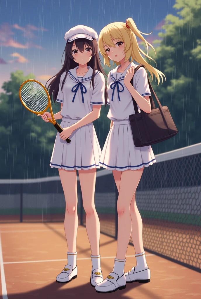 High school girls、Thin sailor suit(Buzzer服、Moist and transparent)、socks、loafers、ponytail、school bag、Buzzer、sudden sunset(rain)、Tennis outfit, Tennis rackets