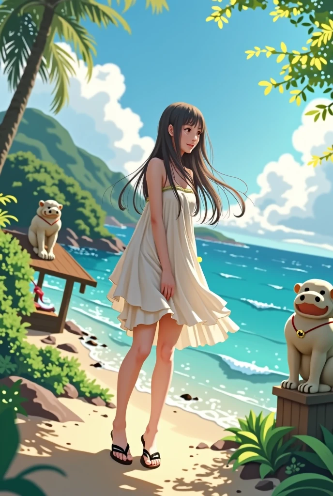 beautiful girl long hair Straight Hair low length Okinawa Shisa one piece Sandals sunny