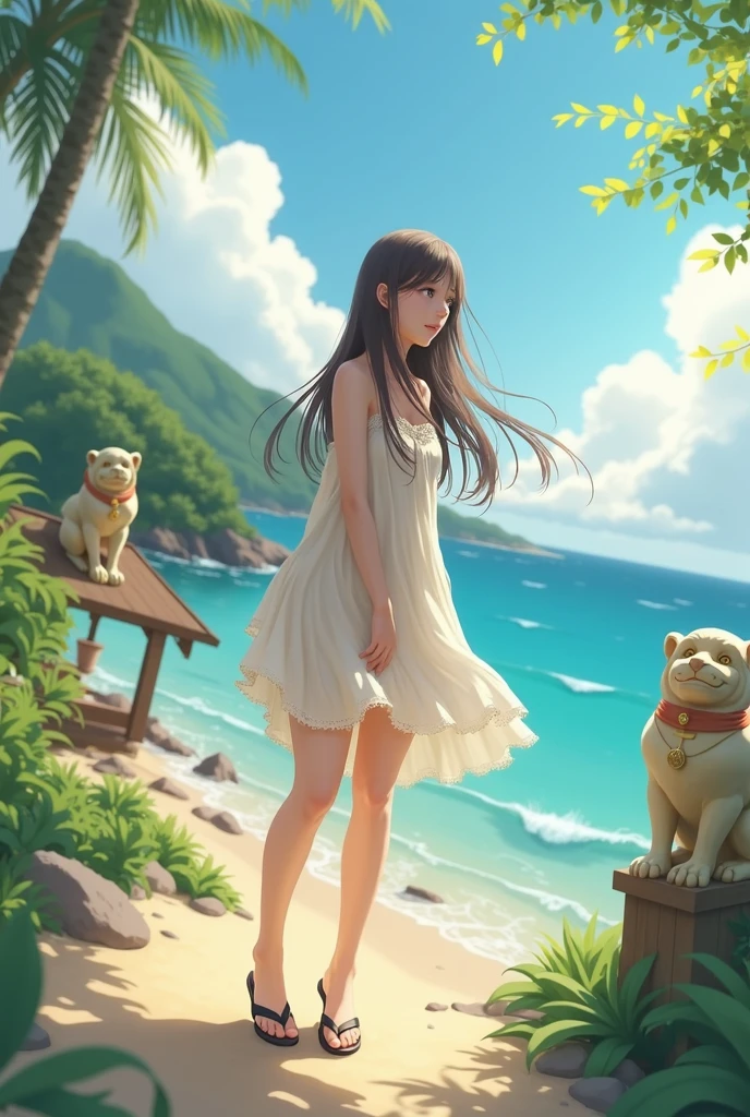 beautiful girl　long hair　Straight Hair　low length　Okinawa　Shisa　one piece　Sandals　sunny