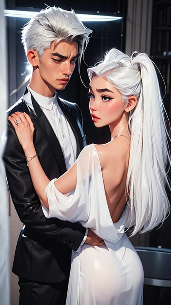 Beautiful black-haired girl with a sensual look Madison Beer in a white dress with a platinum-haired boy with hard and serious features in a black suit turning their backs on each other, She on the left and he on the right