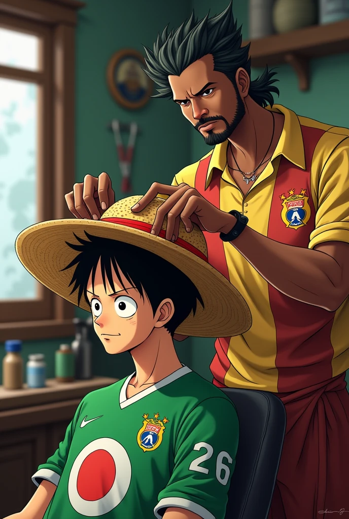 A black barber with square hair wearing a Corinthians shirt cutting Luffy&#39;s hair with the straw hat from One Piece