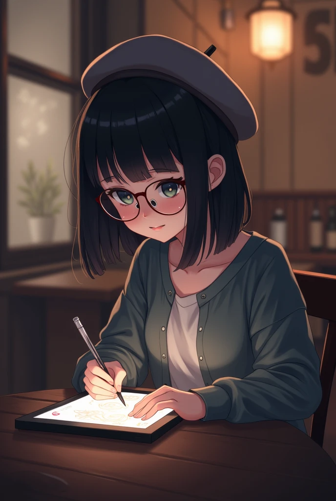 anime style, from girls frontline, fine details. girls frontline, girls frontline universe, girls frontline style, girls frontline, girls frontline cg, 2 0 2 2 anime style, (anime girl with black hair and round circle glasses:1.2), with a pencil and a berret hat on her head, (holding a drawing tablet:1.1), anime girl sitting at a table with a tablet computer in her hand, mysterious coffee shop girl, digital anime illustration, anime moe artstyle, in an anime style, anime visual of a cute girl, artwork in the style of guweiz, anime girl with cat ears, in anime style, soft anime illustration, ; visual novel, girls frontline style