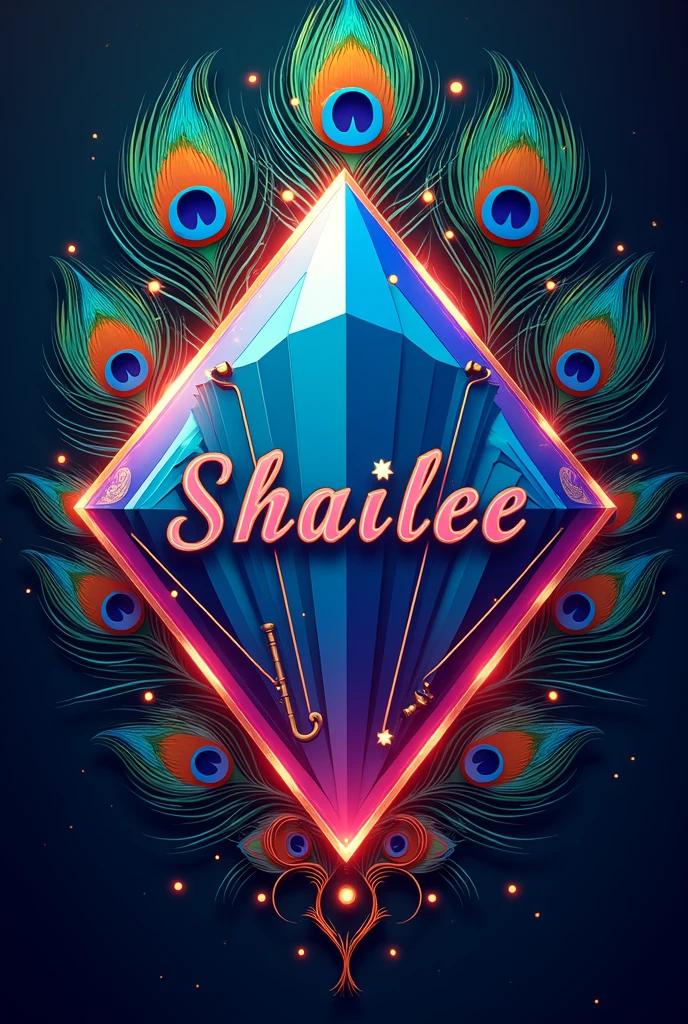 Write name Shailee in diamond letter with background of peacock feathers and on flute