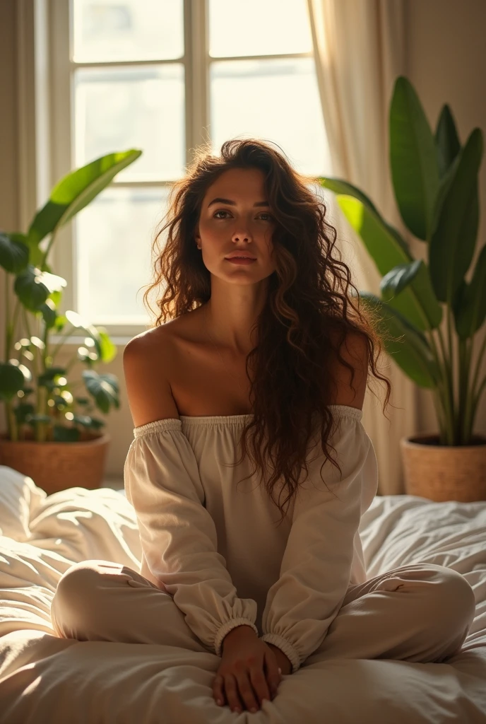 (photorealism:1.2), beautiful woman, sitting on bed, wearing loose off-shoulder top, pajama pants, long curly hair, indoors, soft lighting, plants in background, window with sunlight, cozy room, relaxed pose, realistic, intricate details, warm colors, by Greg Rutkowski, by Alphonse Mucha