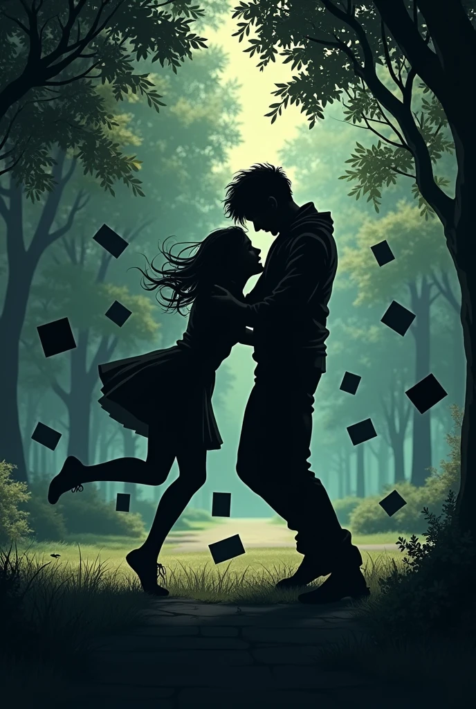 Black dark silhouette of an adult girl and boy hitting each other,the girl falling to the ground romance while her books fall to the ground but a stumble the girl falls to the ground no matter what she must be lying down at the same time the background is a park the girl fallen on the ground