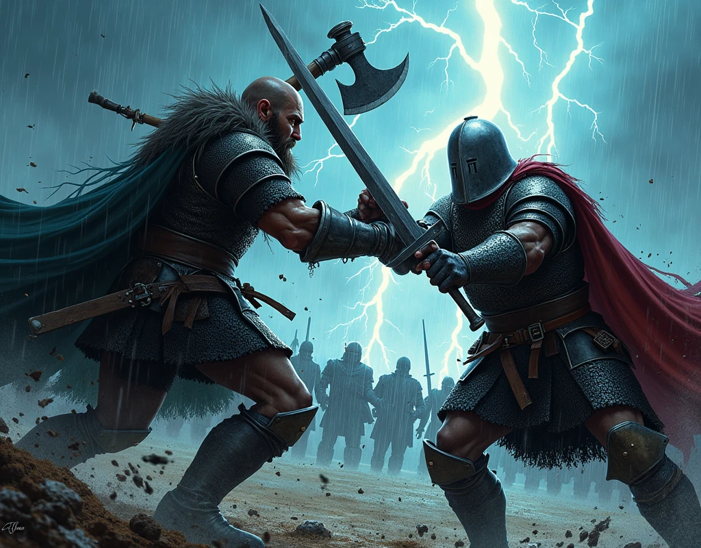 *Amidst the fury of a storm, the Viking warrior clashes with an English soldier, their weapons ringing out through the howling wind and rain. The Viking's axe crashes against the soldier's shield, sending a shockwave through the air as they struggle for dominance. The English soldier, clad in chainmail, thrusts his sword with practiced precision, but the Viking, eyes burning with fierce determination, deflects the blow and counters with savage force. Lightning illuminates the battlefield, revealing their faces locked in grim resolve—two enemies from different worlds, battling with everything they have, knowing that only one will walk away from the storm alive.* Style comic noir