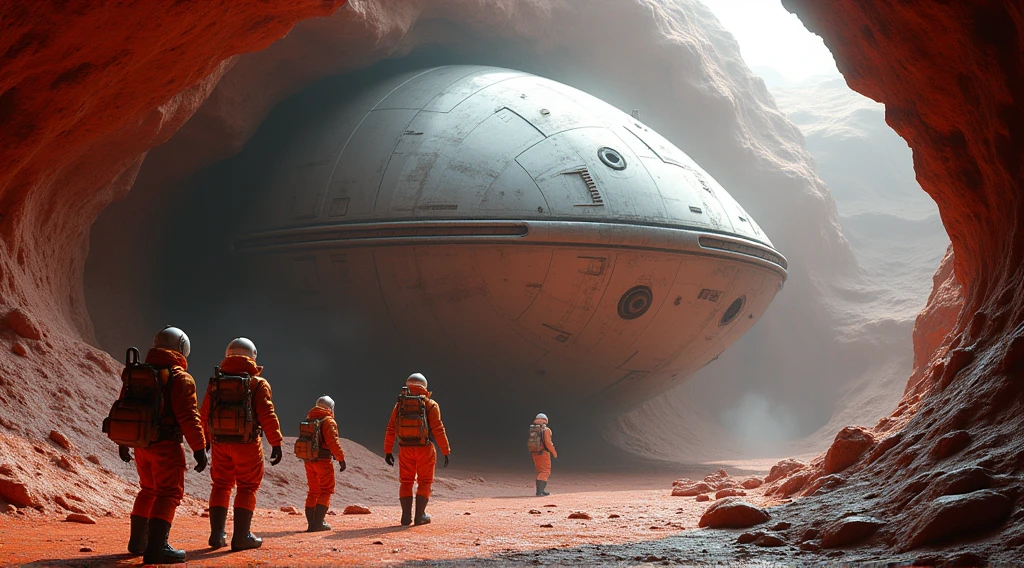 imagine an image that shows what appears to be a large disc-shaped spacecraft, partially buried in a cave or underground chamber. The ship has a futuristic design, with smooth lines and details that resemble advanced technology. It is metallic and has a smooth surface, with some openings and markings.

At the front of the ship, there are four people dressed in protective suits, helmets and backpacks, suggesting that they are exploring or investigating the location. They are looking toward the ship, with one of them apparently photographing or filming the scene. The surrounding environment appears to be made of red rock, typical of underground formations, and the lighting is soft, highlighting the mysterious object.

This image evokes a scenario of discovery, possibly related to science fiction themes, such as the exploration of alien technology or archaeological discoveries of advanced civilizations.