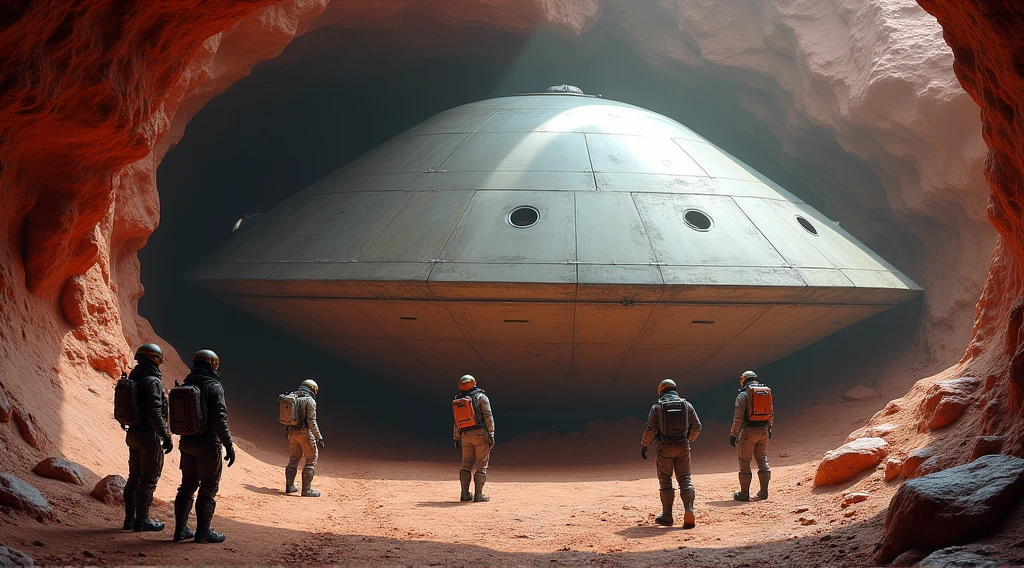 imagine an image that shows what appears to be a large disc-shaped spacecraft, partially buried in a cave or underground chamber. The ship has a futuristic design, with smooth lines and details that resemble advanced technology. It is metallic and has a smooth surface, with some openings and markings.
At the front of the ship, there are four people dressed in protective suits, helmets and backpacks, suggesting that they are exploring or investigating the location. They are looking toward the ship, with one of them apparently photographing or filming the scene. The surrounding environment appears to be made of red rock, typical of underground formations, and the lighting is soft, highlighting the mysterious object.
This image evokes a scenario of discovery, possibly related to science fiction themes, such as the exploration of alien technology or archaeological discoveries of advanced civilizations.