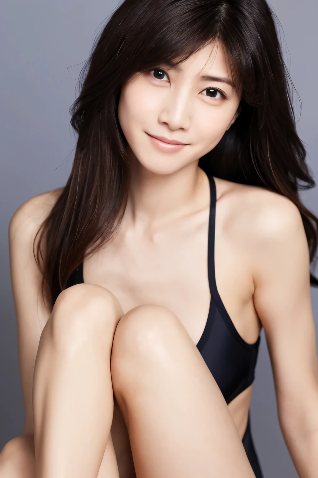 masterpiece, highest quality, High resolution, 16k, 8K, (((1girl,solo,))) prospect: skinny Japanese woman, 3, long hair blown by the wind, plays around with the camera with a faint smile, (In the Dark), Perfect Eyes, detailed eyes, detailed face, Accurate body anatomy, Irritated skin, Very detailed, Advanced Details, looking at the camera, Bold swimsuit figure, Thighs,