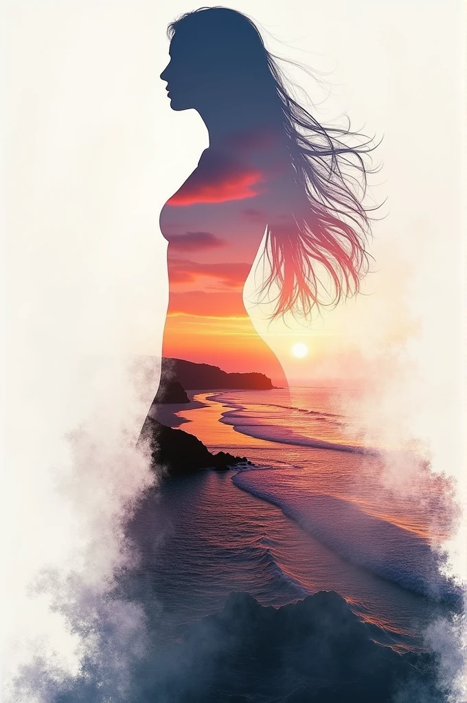 high quality, 8K Ultra HD, A beautiful double exposure that combines an goddess silhouette with sunset coast, sunset coast should serve as the underlying backdrop, with its details incorporated into the goddess , crisp lines, The background is monochrome, sharp focus, double exposure, by yukisakura, awesome full color,