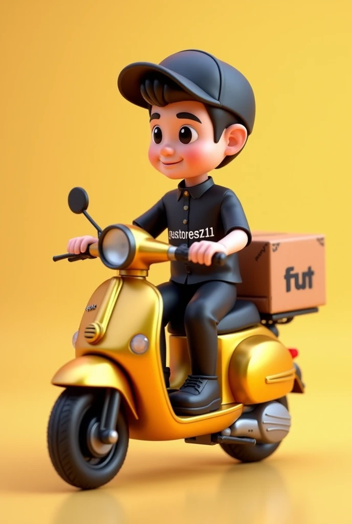 driver making delivery with golden motorcycle , on the black uniform written Fut_Storesz11, 3D Disney pixel style image, minimalistic. sem beard. new 20 year old latin