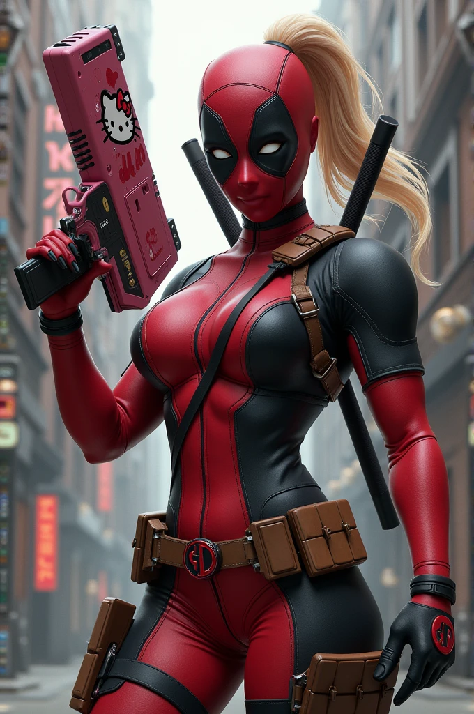 Ladypool holding hellokitty (from deadpool)