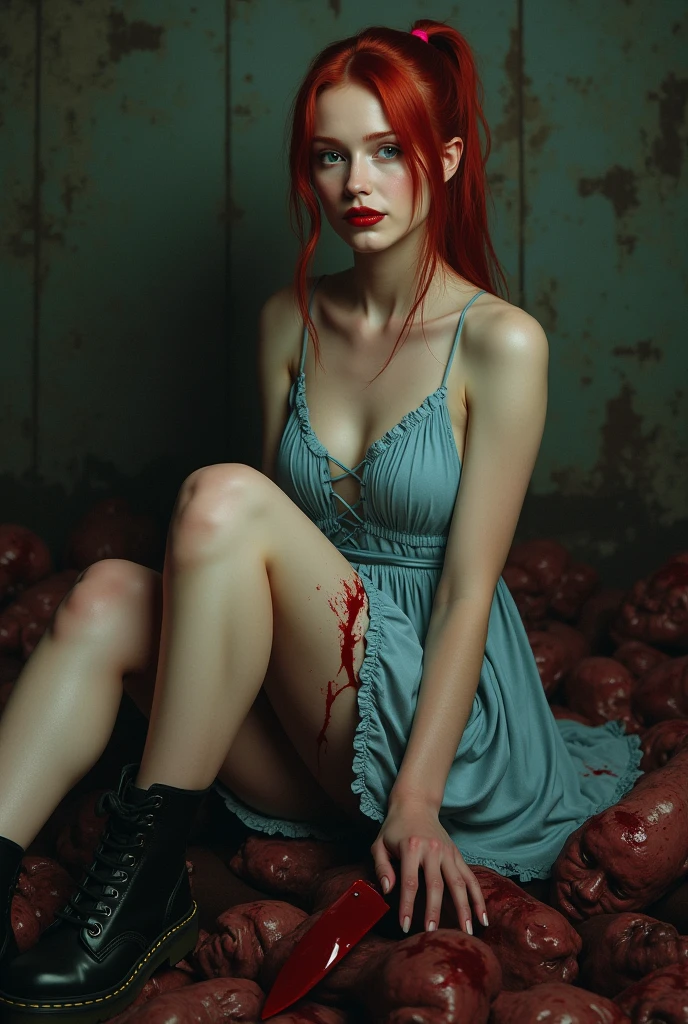 Seductive and Beautiful young woman with a soul of pure evil and hatred. Alluring red ponytailed serial killer wearing a light blue babydoll dress and black doc marten boots. Surrounded by blood and bodies. She sits alluringly on a pile of corpes. A bloody knife in her right hand. A thin smirk crosses her glossy red lips.