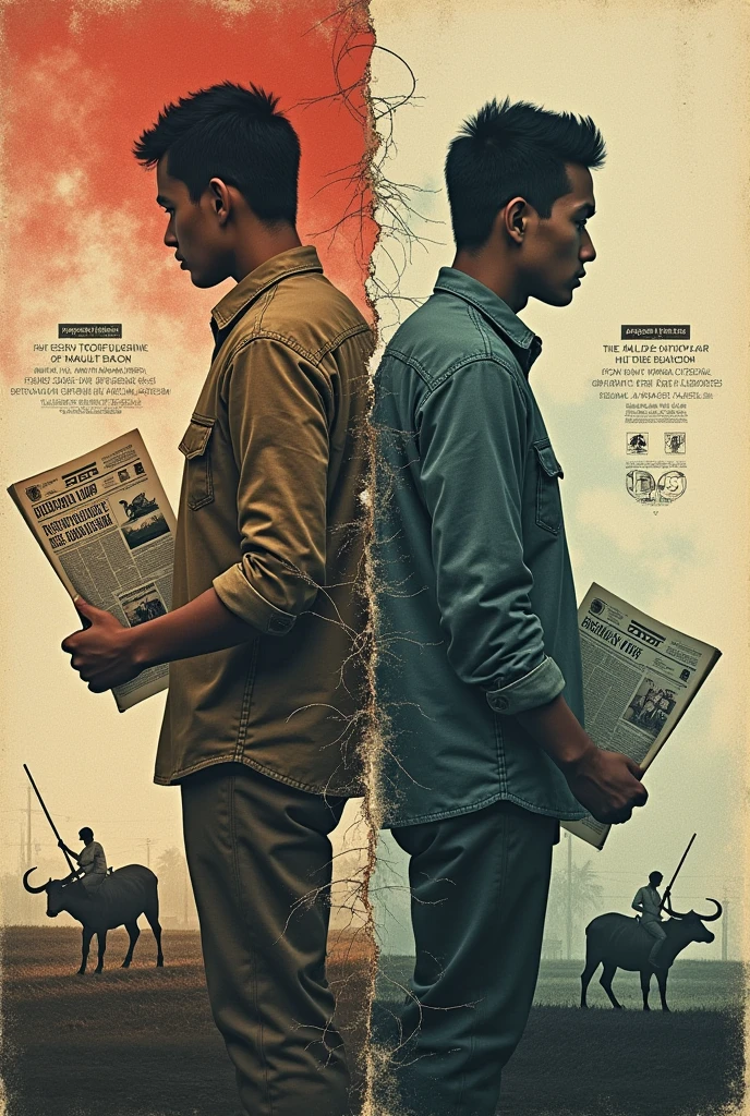 Sure, let's dive deeper into additional visual elements and specific design suggestions that could enhance the book cover of *"My Brother, My Executioner."*
### 1. **Character Representation**
- **Luis Holding a Magazine:** An image of Luis holding or surrounded by magazines, with headlines related to peasant struggles and social issues, could be used to highlight his role as a journalist and intellectual ally to the oppressed.
- **Victor Clutching a Revolutionary Banner or Flag:** This could signify his active participation in the Hukbalahap movement and his rebellious nature. The flag could have a symbolic emblem, like a clenched fist or a star, to represent resistance.
### 2. **Cultural and Historical Motifs**
- **Carabao (Water Buffalo):** This animal is a symbol of the Philippines and rural life, representing the agrarian lifestyle and the connection to the land. A carabao plowing a field could be subtly included to emphasize the novel’s rural backdrop.
- **Balete Tree Silhouette:** The Balete tree, often associated with Filipino folklore and spirituality, could symbolize tradition and the weight of history. It can also represent how the past casts a long shadow over the present, affecting the characters' lives.
- **Katipunan Symbols:** The three K’s of the Katipunan (a secret revolutionary society) or other historical insignias could be subtly integrated into the background or clothing, hinting at the revolutionary themes and historical context.
### 3. **Conflict and Contrast**
- **Barbed Wire and Chains Intertwined:** A visual motif combining barbed wire (representing oppression and control) and chains breaking (symbolizing freedom) could be used to signify the central conflict and the theme of liberation.
- **A Torn Family Photo:** A photograph torn in half, with one side showing Luis and the other Victor, could symbolize their estrangement and the division caused by their conflicting ideologies.
- **Broken Mirrors:** Incorporate