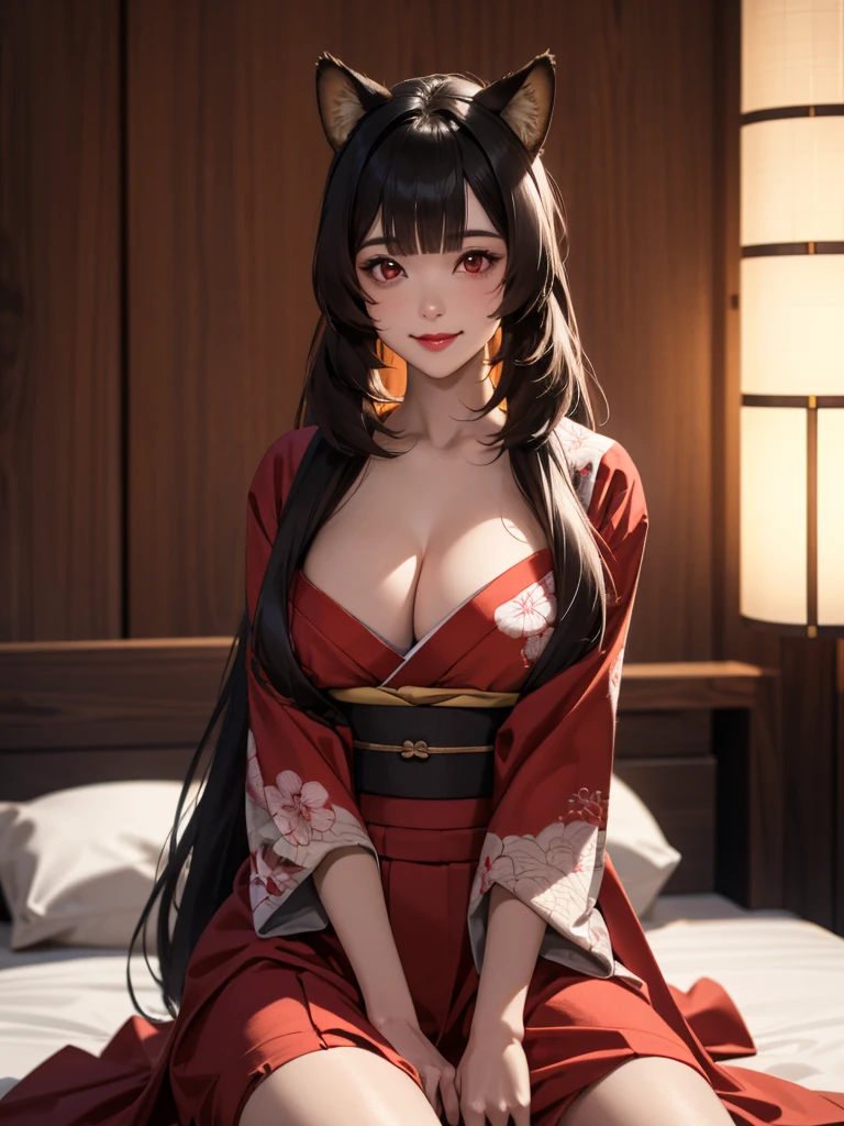 (Best quality), (extremely detailed CG Unity 8k wallpaper), (very detailed), ((absurdity)), Detailed beautiful eyes,
Raphtalia, Red eyes, black hair, fox tail, fox ears, 1 girl, Wearing kimono, red kimono, big breast,smile,Sitting in bed, at night, Japanese house