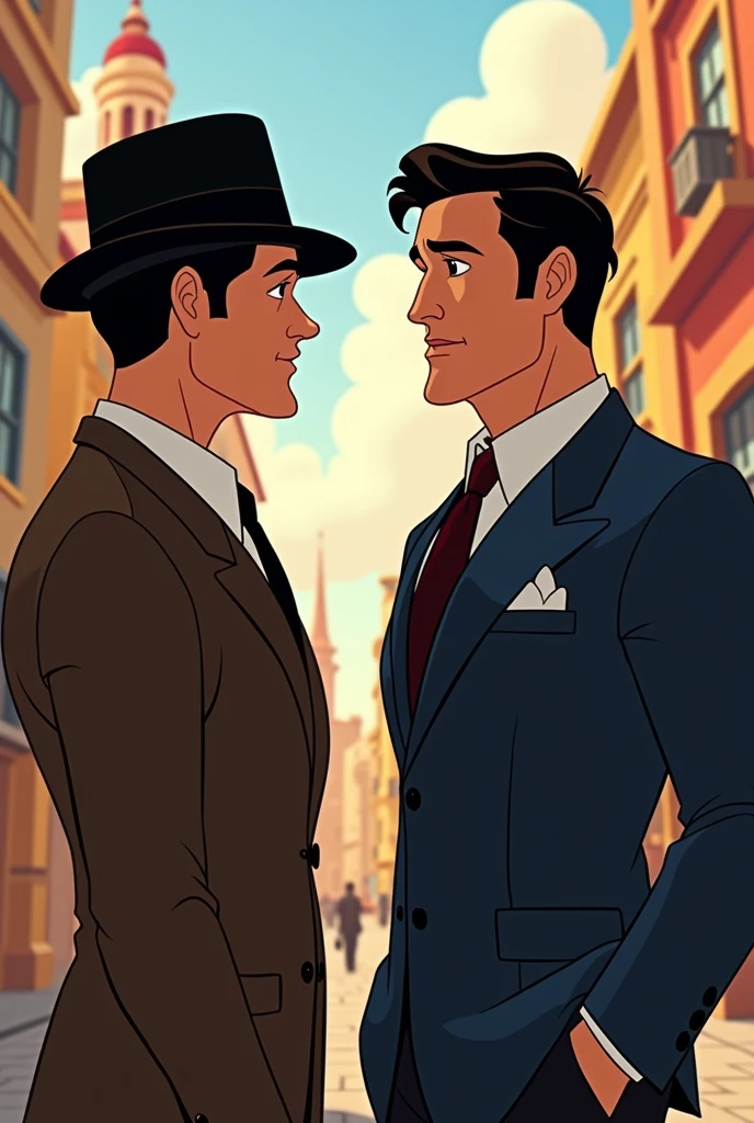 Create a disney Renaissance era 2d movie cartoon style of the two protagonists from white collar tv show, neal Caffrey with a black trilby hat inclined at 10 degrees to the right of him and a sy devore suit in the same color (Matt bomer) and Peter Burke (tim dekay)