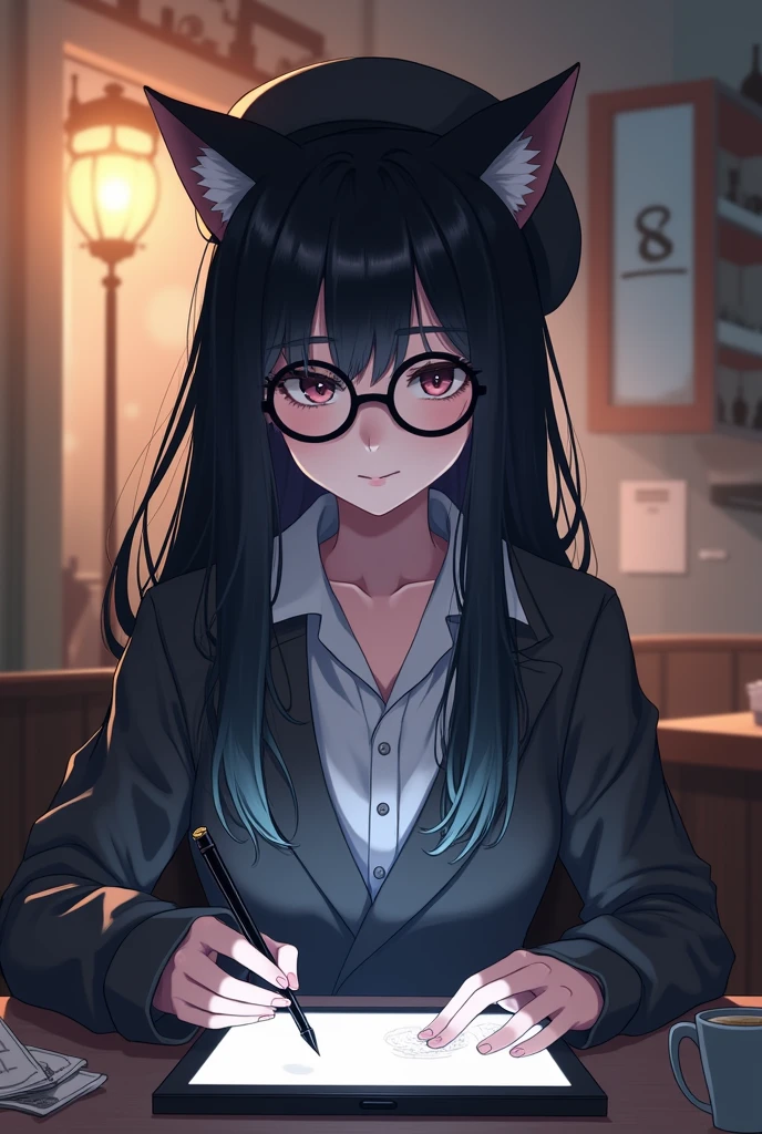 anime style, from girls frontline, fine details. girls frontline, girls frontline universe, girls frontline style, girls frontline, girls frontline cg, 2 0 2 2 anime style, (anime girl with black hair and round circle glasses:1.2), with a pencil and a berret hat on her head, (holding a drawing tablet:1.1), anime girl sitting at a table with a tablet computer in her hand, mysterious coffee shop girl, anime visual of a cute girl, artwork in the style of guweiz, anime girl with cat ears, in anime style, soft anime illustration,