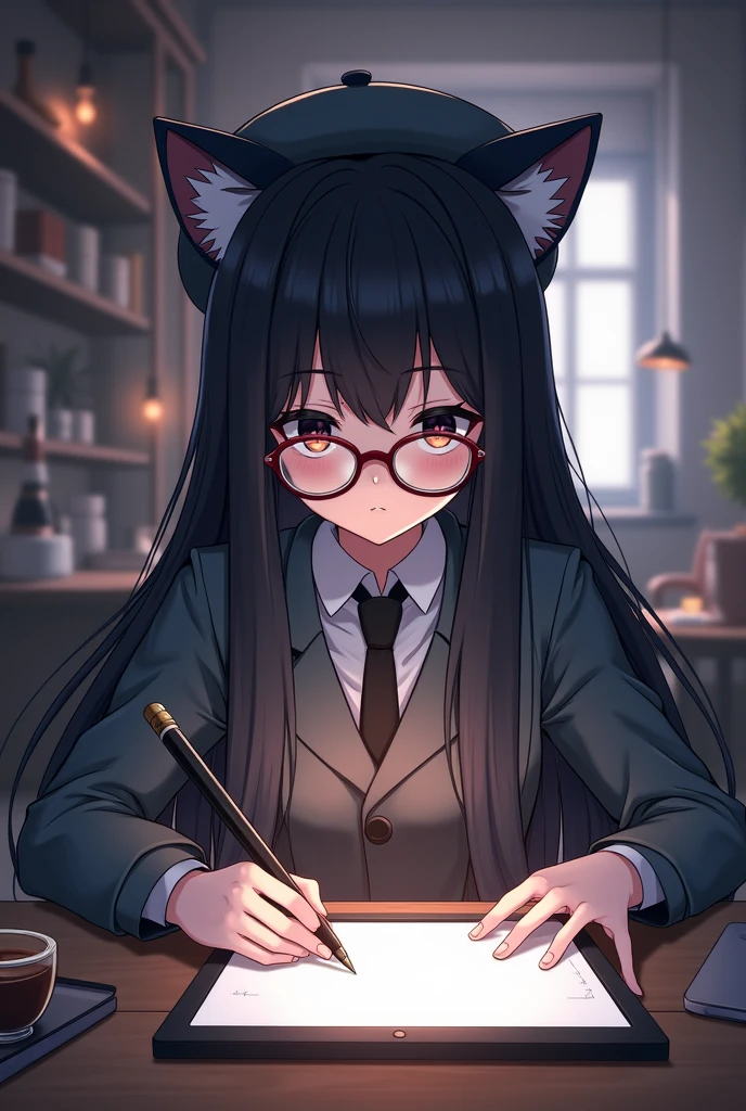anime style, from girls frontline, fine details. girls frontline, girls frontline universe, girls frontline style, girls frontline, girls frontline cg, 2 0 2 2 anime style, (anime girl with black hair and round circle glasses:1.2), with a pencil and a berret hat on her head, (holding a drawing tablet:1.1), anime girl sitting at a table with a tablet computer in her hand, mysterious coffee shop girl, anime visual of a cute girl, artwork in the style of guweiz, anime girl with cat ears, in anime style, soft anime illustration, 
