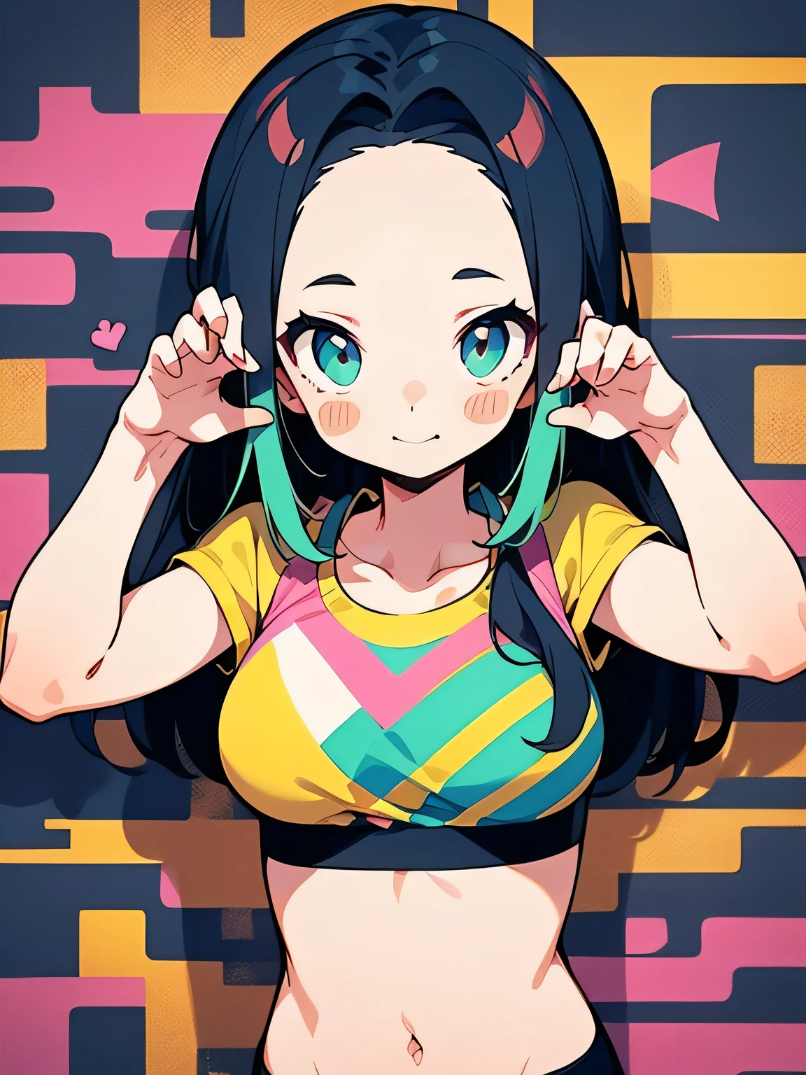 looking at viewer,((dancing pose:1.3)),seiza,upperbody,hightquality、((Kawaii 2Girls))、Colorful color palette、high-level image quality、(big forehead),long thin ponytail,(sports bra),Unprecedented amount of drawing、anime styled、Geometric pattern background、front facing、sticker style