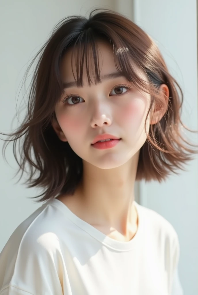 Light layered style、Transparent woman、young、White T-shirt、Semi-long hair to reduce the volume around the neck、Brown Color Hair、A cute woman with layered hair、Light hair ends、Straight looking hair、gloss々hair、Tapered Hair